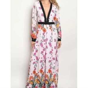 Lulus maxi pink floral maxi dress sz s small long sleeves plunge v neck